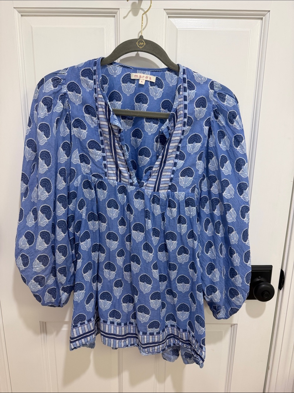 Marcea Blue Floral Print Peasant Blouse